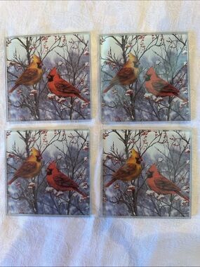 Glass Cardinal Coasters Vintage - Red & Yellow Set of 4